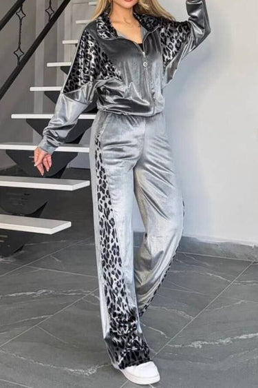 Full Size Leopard Zip Up Top and Pants Set